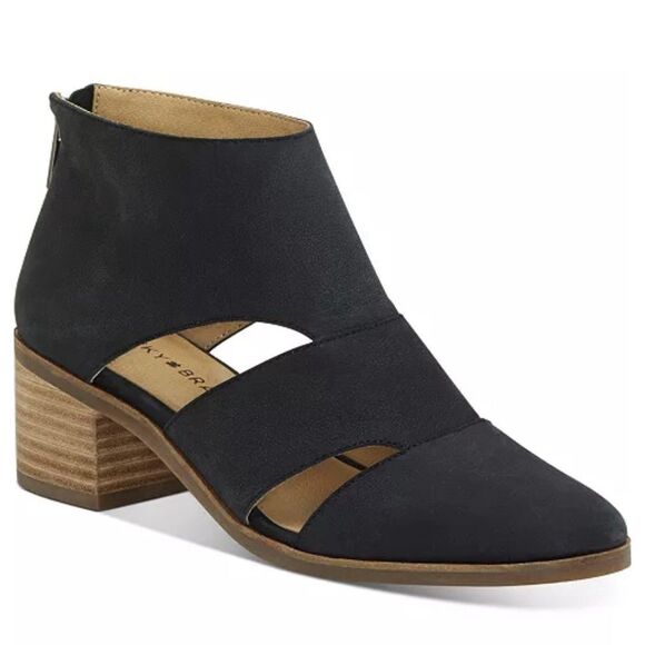 Lucky Brand Ralwan Cutout Ankle Booties Black Matte Leather Size 7.5 Block Heel - Picture 1 of 12